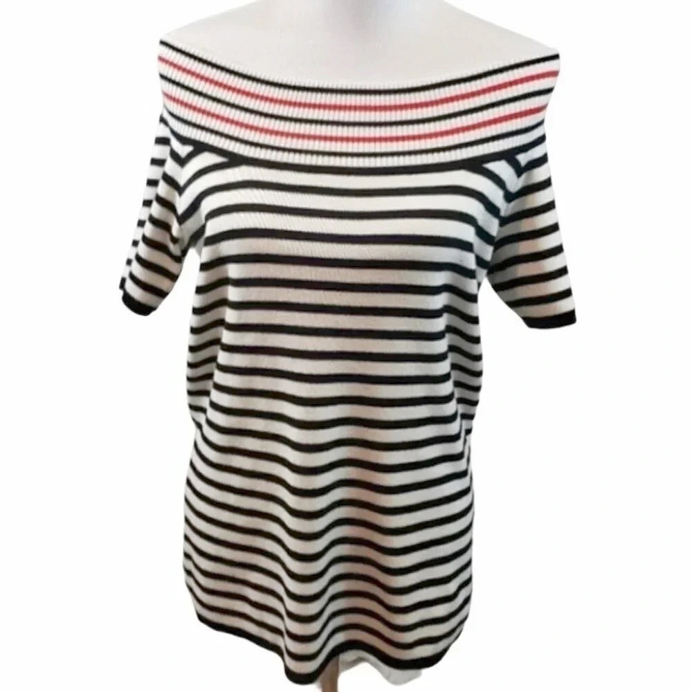 NY Collection Striped Knit Top XL Black White Red Off Shoulder Short Sleeve